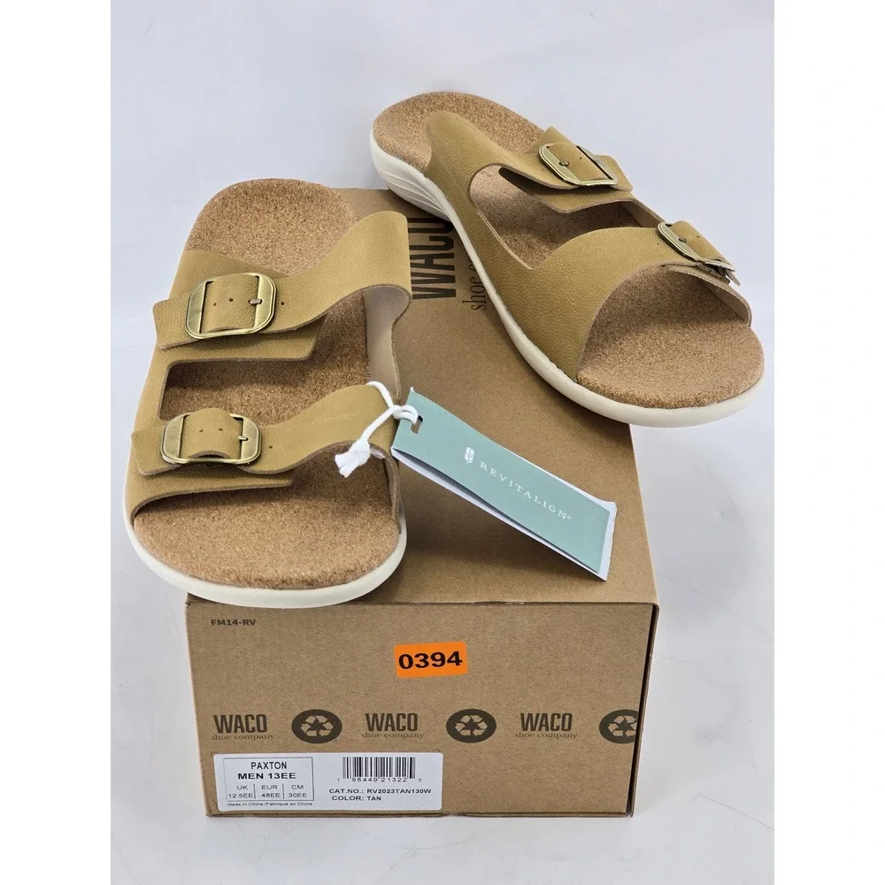 Revitalign Paxton Slide Sandals Mens 13EE Tan Leather Buckle -New